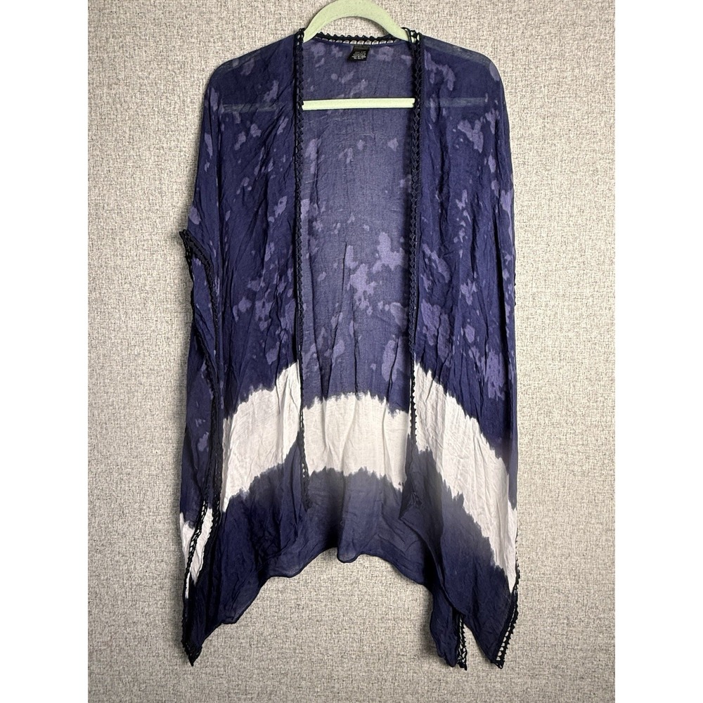Americana‎ Blue White Denim Tie Dye Wrap Kimono Shawl Crochet Boho Beach Coverup